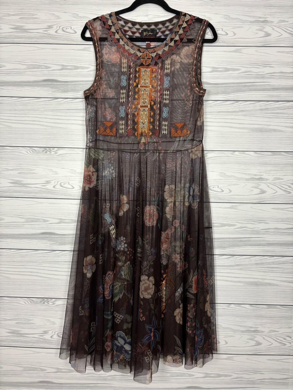 Johnny Was Biya Mier printed mesh floral Aztec dress size medium